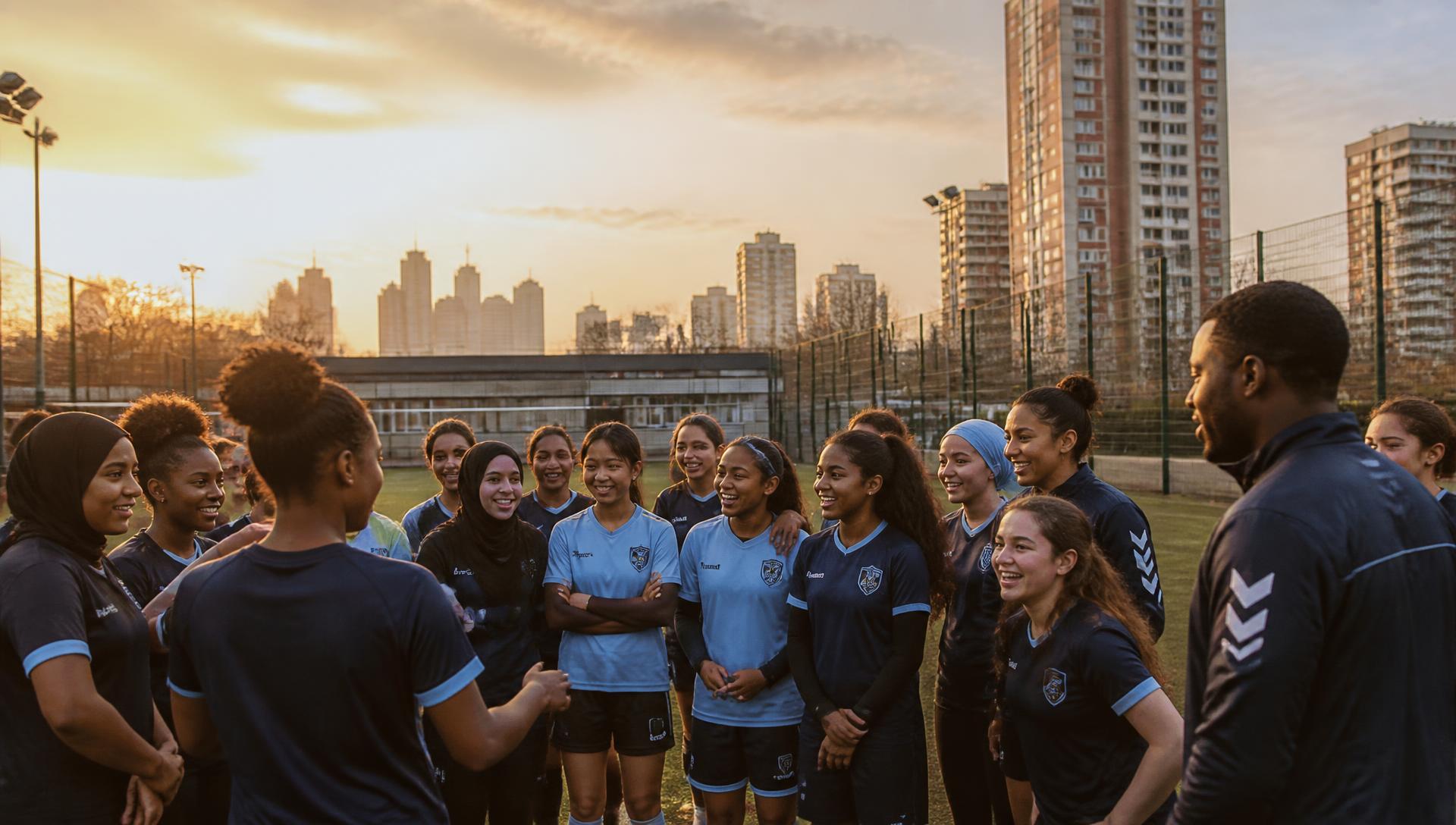 Coaches and young people in a team huddle on an East London football pitch at sunset